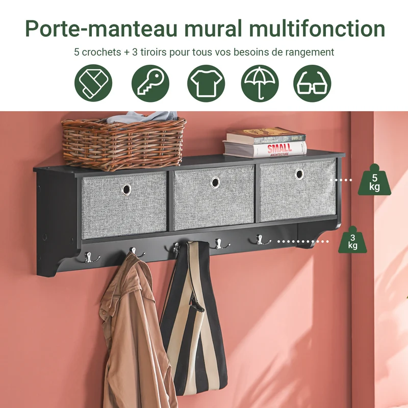 SoBuy FRG282-SCH Porte-Manteau Mural avec 5 Crochets et 3 Paniers, pour Entrée et Couloir, Design Fonctionnel, Usage Quotidien – L100×P20×H30 cm, Bois, Noir