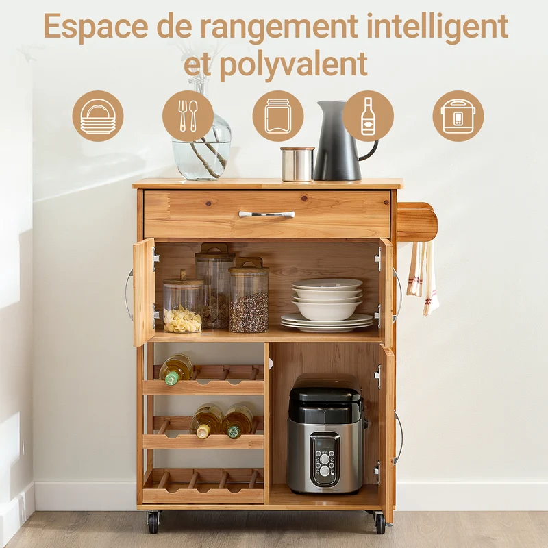 SoBuy FKW45-N Desserte Cuisine en Bois Massif à Roulettes – Range-Bouteilles, Tiroir, 2 Placards, Porte-Serviettes Réversible, 66×38×86 cm, 63 kg, Naturel