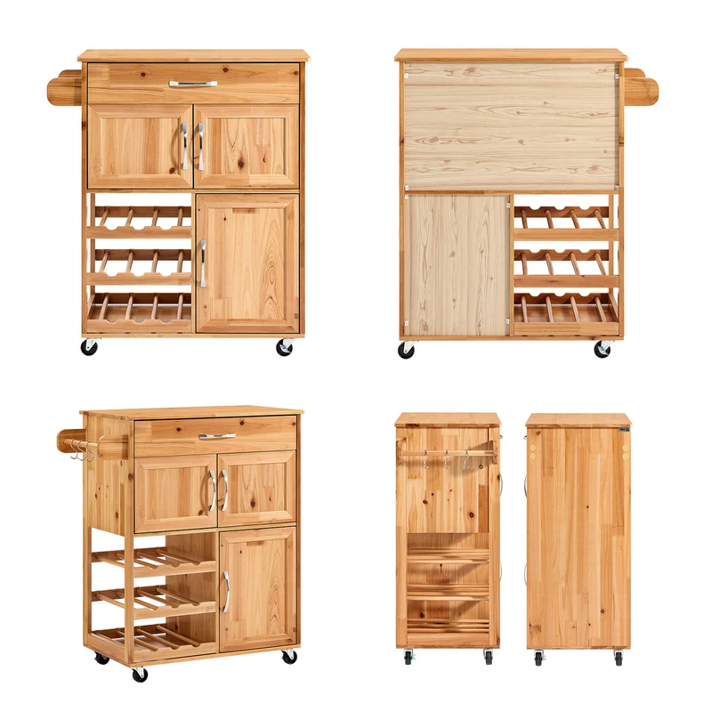 SoBuy FKW45-N Desserte Cuisine en Bois Massif à Roulettes – Range-Bouteilles, Tiroir, 2 Placards, Porte-Serviettes Réversible, 66×38×86 cm, 63 kg, Naturel