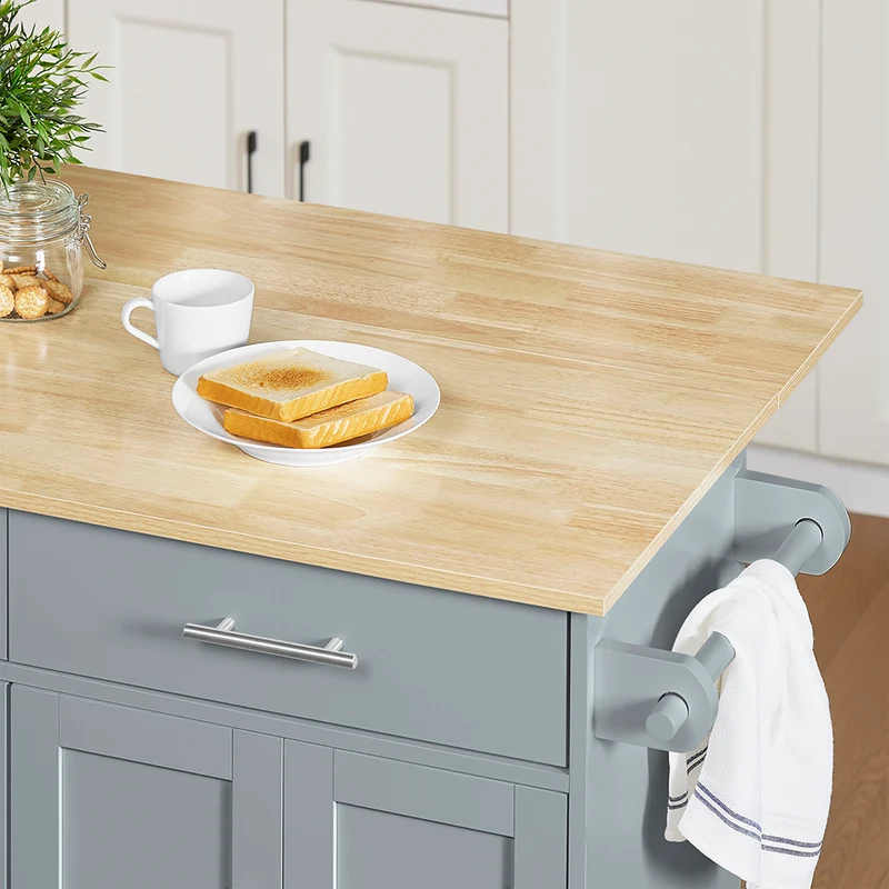 SoBuy FKW129-HG Desserte Cuisine avec Roues Cachées, 2 Tiroirs, Étagères Réglables et Porte-serviette – L115×P68,7×H91 cm, Charge 98 kg, MDF + PB, Gris