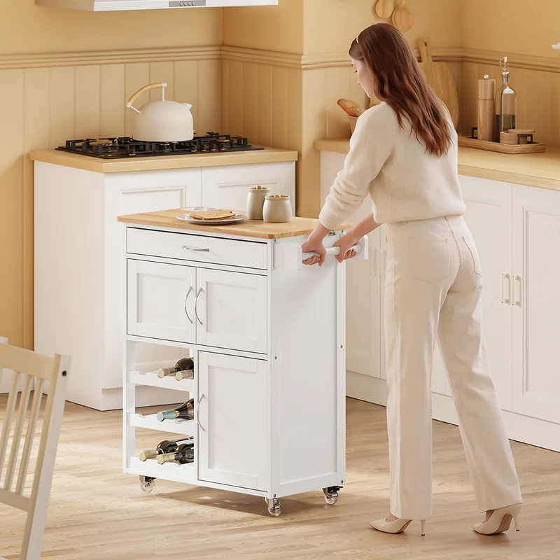 SoBuy FKW45-E-WN Desserte de Cuisine avec Prise Intégrée – 2 Prises + 2 USB, Casier à Bouteilles, Roulettes ou Pieds, 63 kg, Blanc et Bois