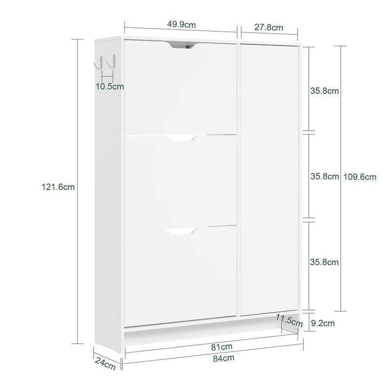SoBuy FSR220-W Armoire à Chaussures Slim 24 cm – 4 Abattants, 12 Paires, Rangements Latéraux, Crochets, Style Nordique, Blanc