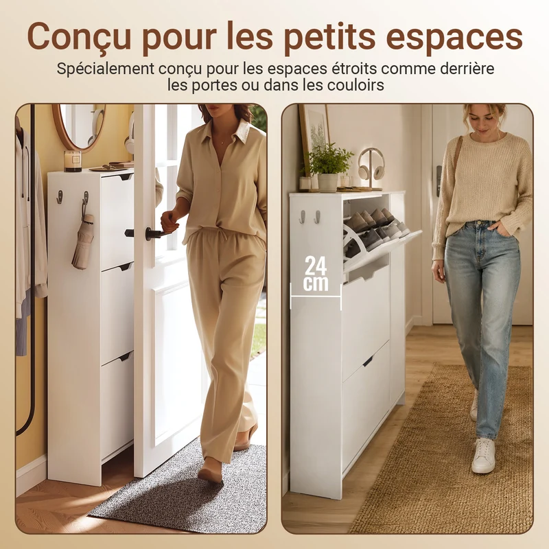 SoBuy FSR220-W Armoire à Chaussures Slim 24 cm – 4 Abattants, 12 Paires, Rangements Latéraux, Crochets, Style Nordique, Blanc