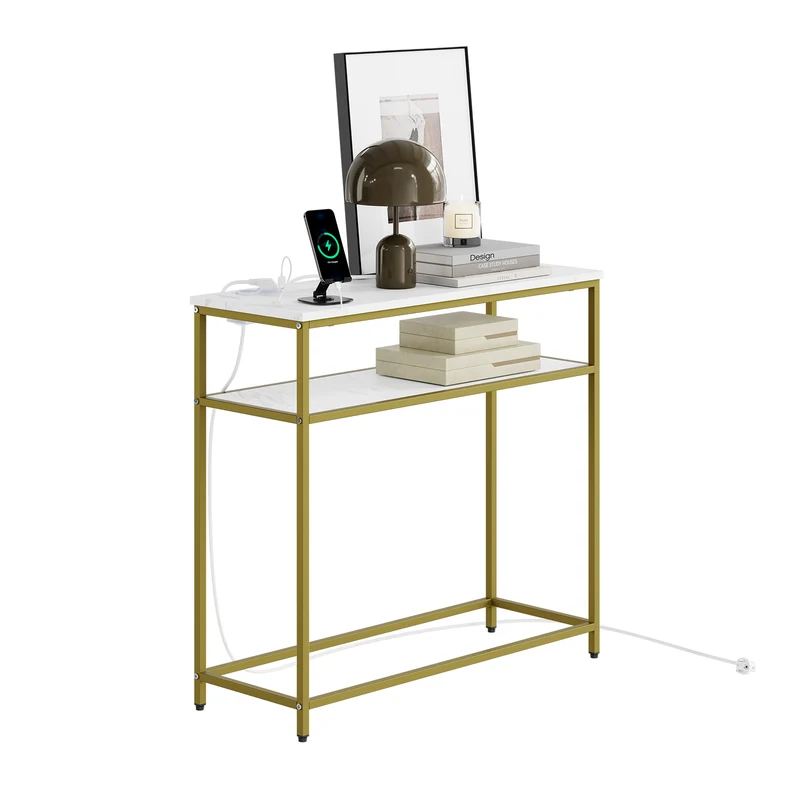 SoBuy FSB106-E-G Console d'Entrée avec Prises Intégrées – USB-A, USB-C, 2 Prises, 2 Étagères, 80 × 30 × 75 cm, Marbre Blanc et Doré