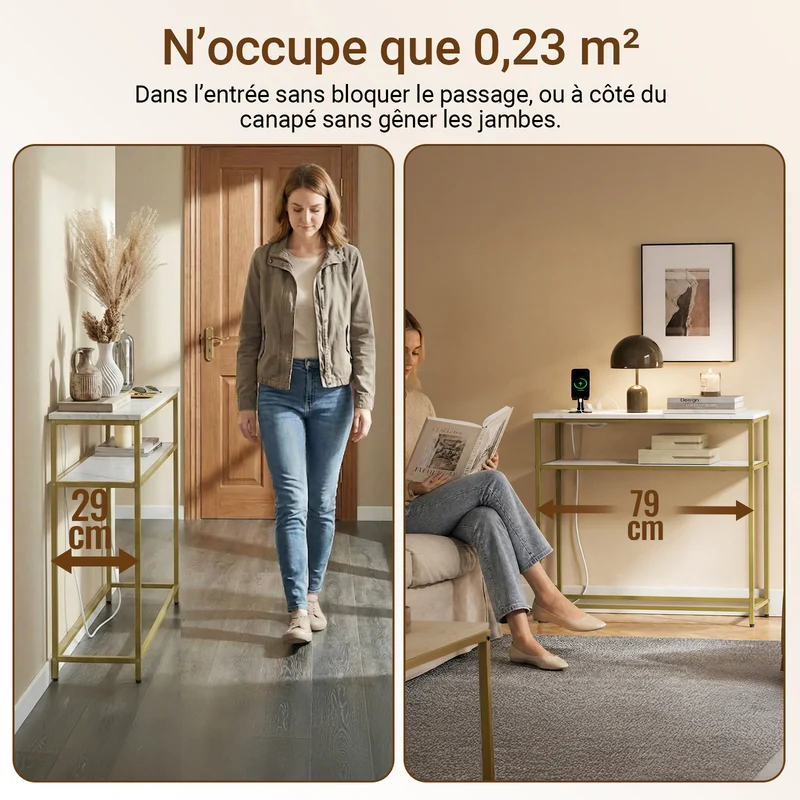 SoBuy FSB106-E-G Console d'Entrée avec Prises Intégrées – USB-A, USB-C, 2 Prises, 2 Étagères, 80 × 30 × 75 cm, Marbre Blanc et Doré