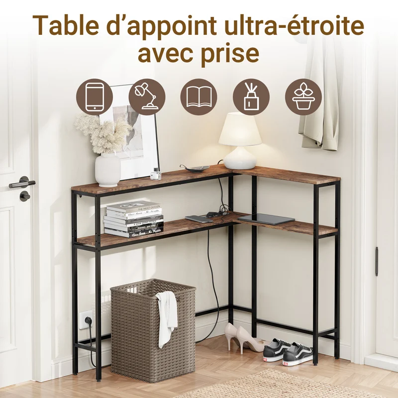 SoBuy FSB105-E-N Console Étroite 180 × 20 × 100 cm avec USB, USB-C et 2 Prises – Montage Droit ou Angle, Noir