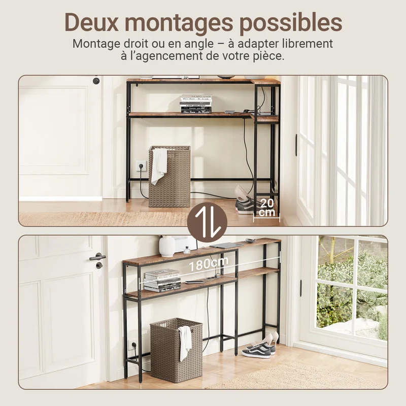 SoBuy FSB105-E-N Console Étroite 180 × 20 × 100 cm avec USB, USB-C et 2 Prises – Montage Droit ou Angle, Noir