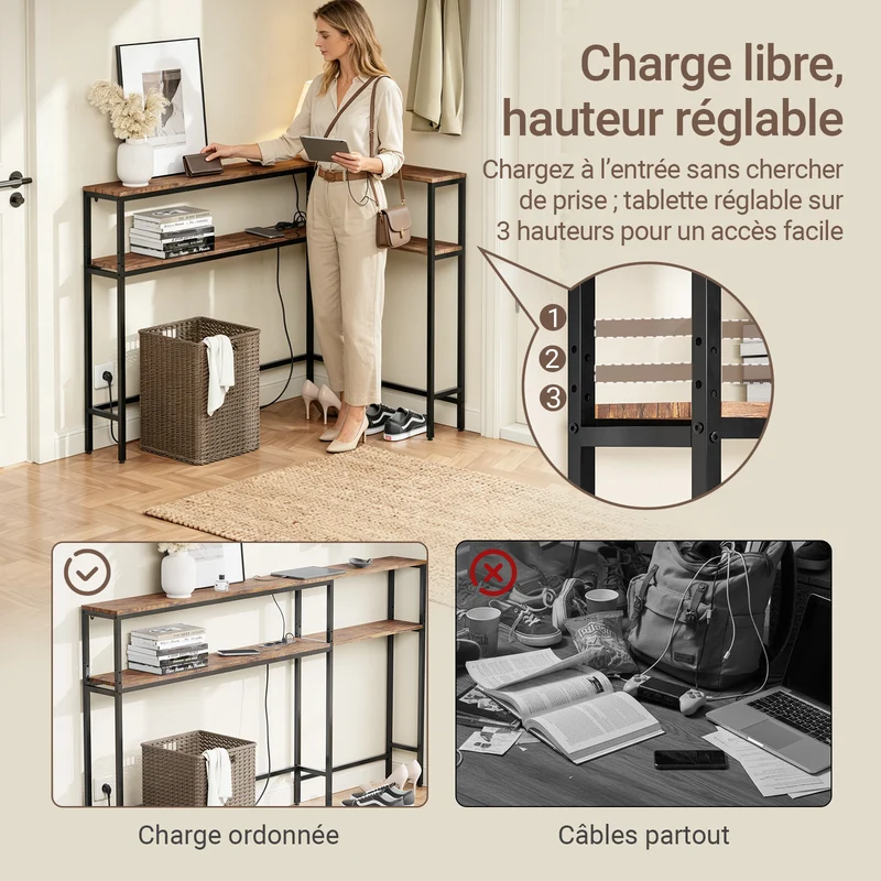SoBuy FSB105-E-N Console Étroite 180 × 20 × 100 cm avec USB, USB-C et 2 Prises – Montage Droit ou Angle, Noir