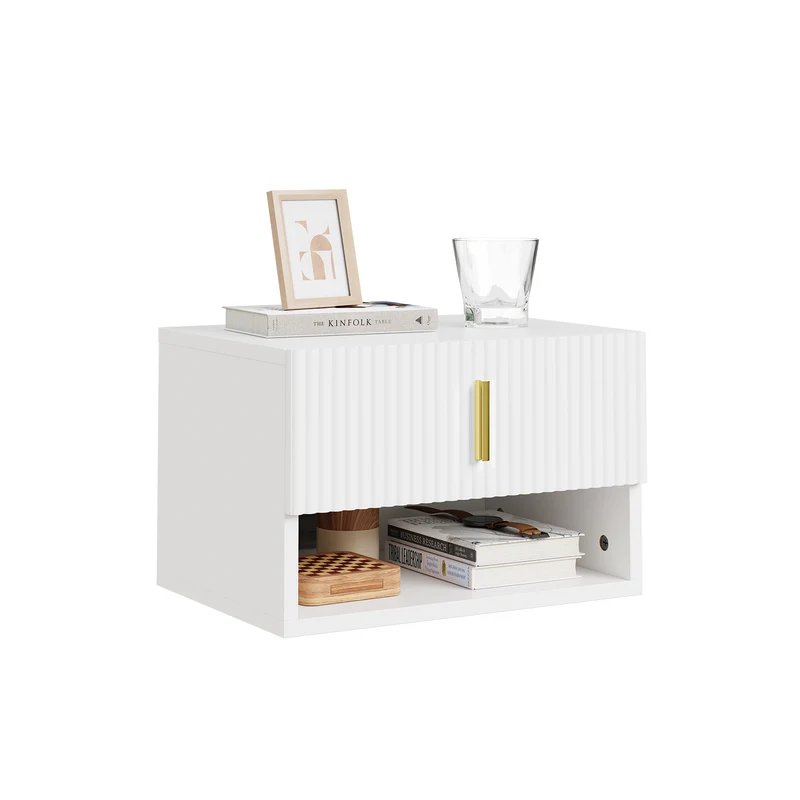 SoBuy FBT176-E-W Table de Chevet Suspendue avec LED – Tiroir Réversible, Façade Ondulée, Poignée Dorée, Blanc, 40×26×30 cm