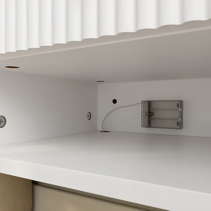 SoBuy FBT176-E-W Table de Chevet Suspendue avec LED – Tiroir Réversible, Façade Ondulée, Poignée Dorée, Blanc, 40×26×30 cm