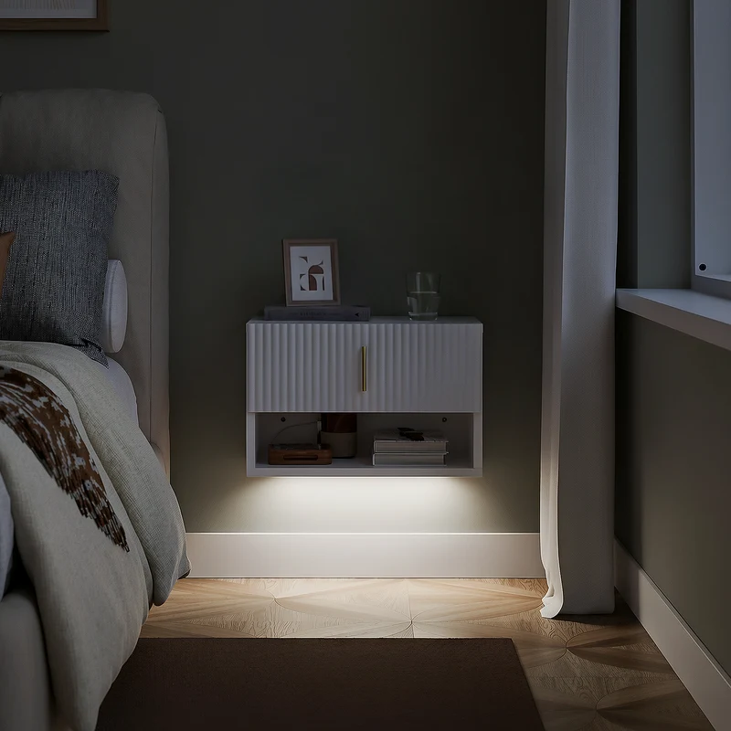 SoBuy FBT176-E-W Table de Chevet Suspendue avec LED – Tiroir Réversible, Façade Ondulée, Poignée Dorée, Blanc, 40×26×30 cm
