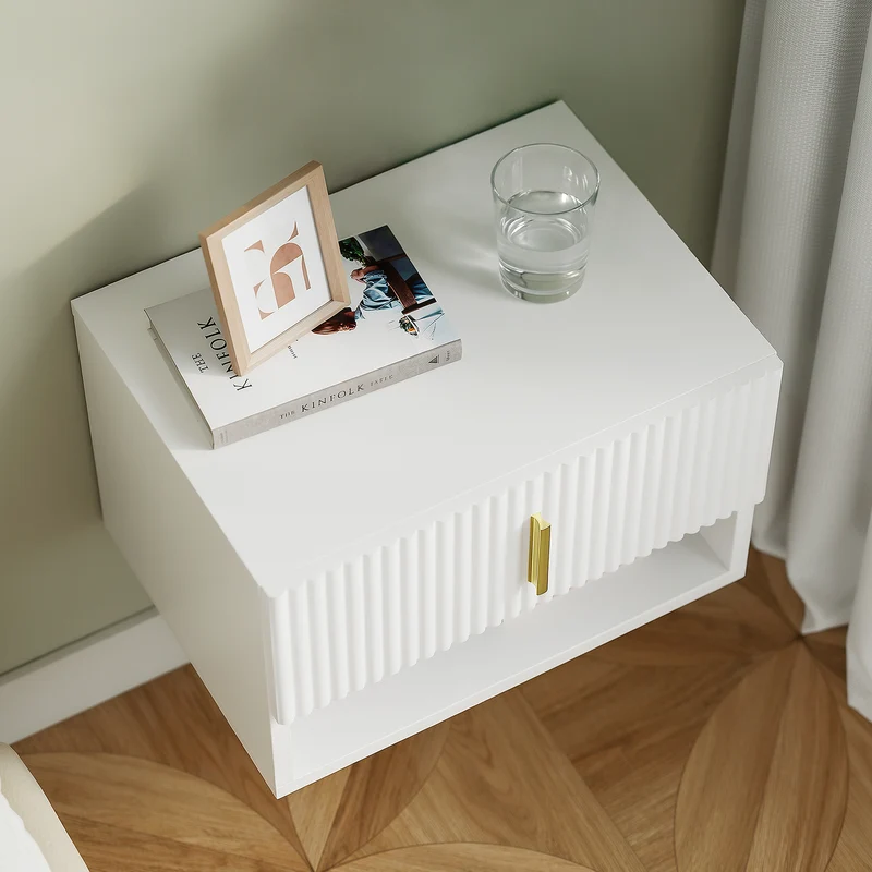 SoBuy FBT176-E-W Table de Chevet Suspendue avec LED – Tiroir Réversible, Façade Ondulée, Poignée Dorée, Blanc, 40×26×30 cm
