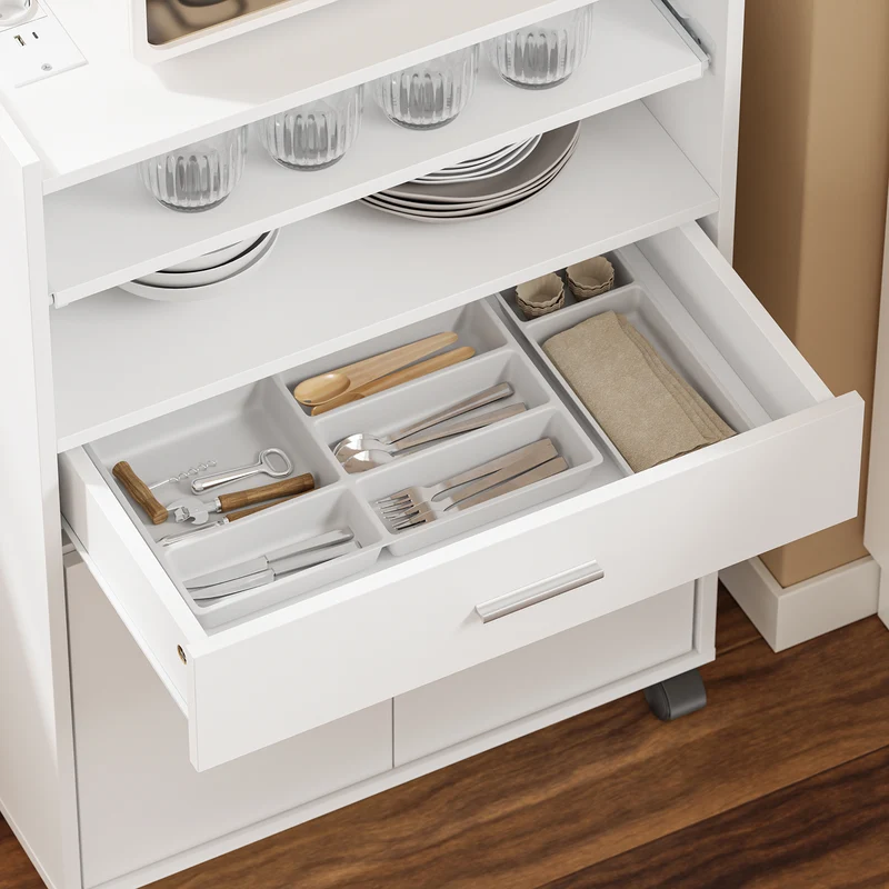 SoBuy FSB09-E-W Desserte de Cuisine avec Station de Charge 4-en-1 – Roulettes ou Pieds, 1 Tiroir, 2 Portes, Étagère Réglable, Blanc, 61,5×40×92 cm