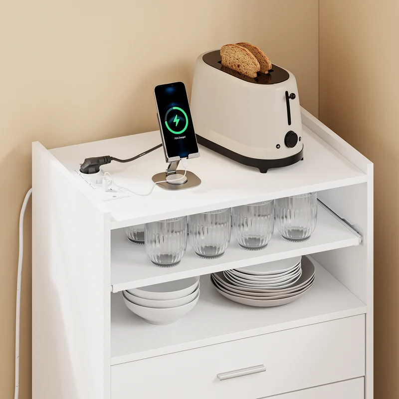 SoBuy FSB09-E-W Desserte de Cuisine avec Station de Charge 4-en-1 – Roulettes ou Pieds, 1 Tiroir, 2 Portes, Étagère Réglable, Blanc, 61,5×40×92 cm