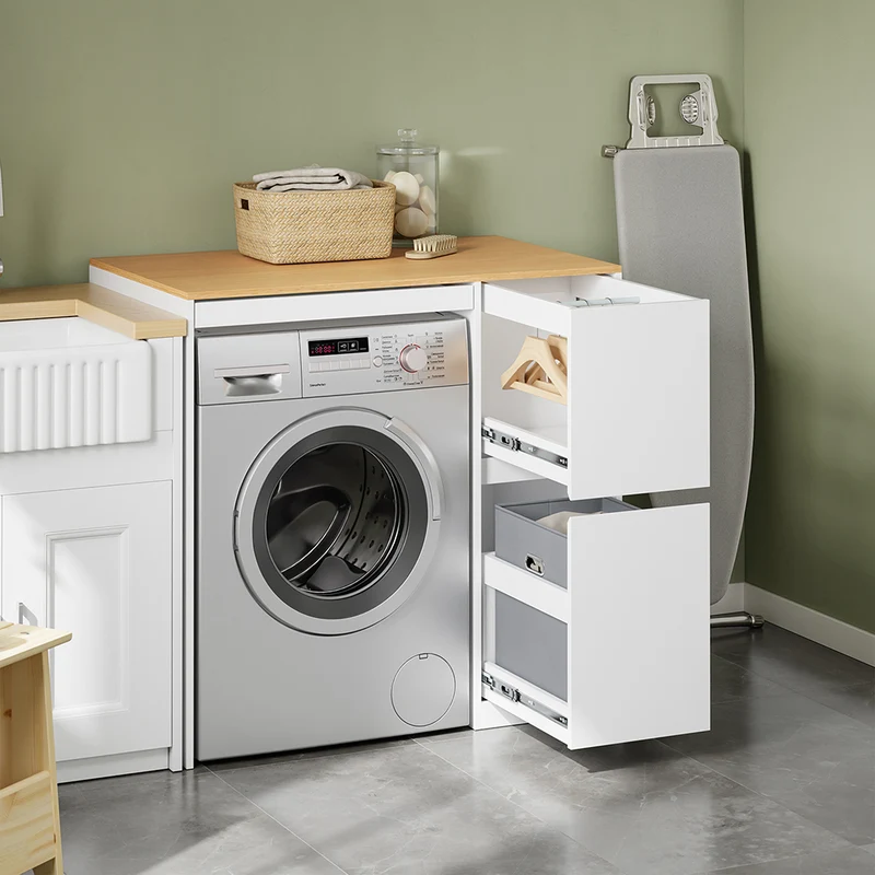SoBuy BZR223-WN Meuble au-dessus du Lave-Linge 100×60×95 cm – Étendoir Coulissant, Panier à Linge, Sans Panneau Arrière, Blanc et Naturel