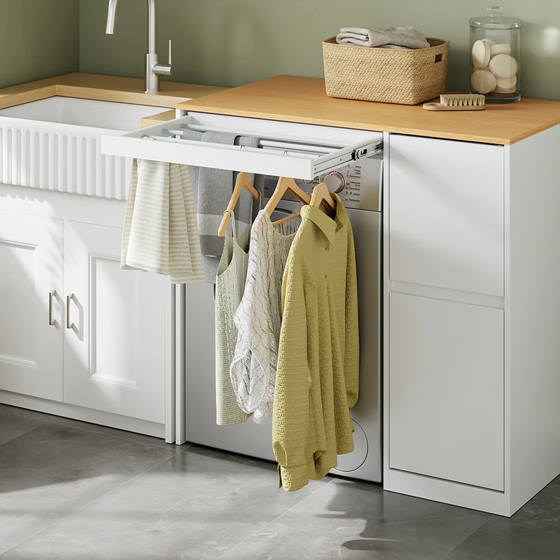 SoBuy BZR223-WN Meuble au-dessus du Lave-Linge 100×60×95 cm – Étendoir Coulissant, Panier à Linge, Sans Panneau Arrière, Blanc et Naturel