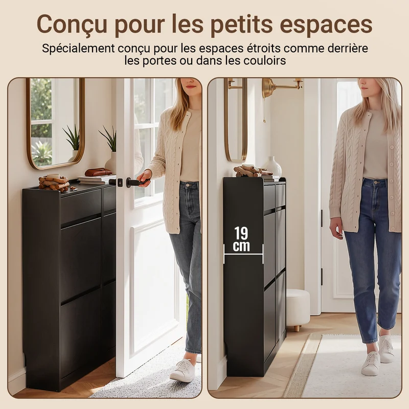 SoBuy FSR169-SCH Meuble à Chaussures Ultra-Slim 19 cm à Abattants – Rangement Discret – Noir