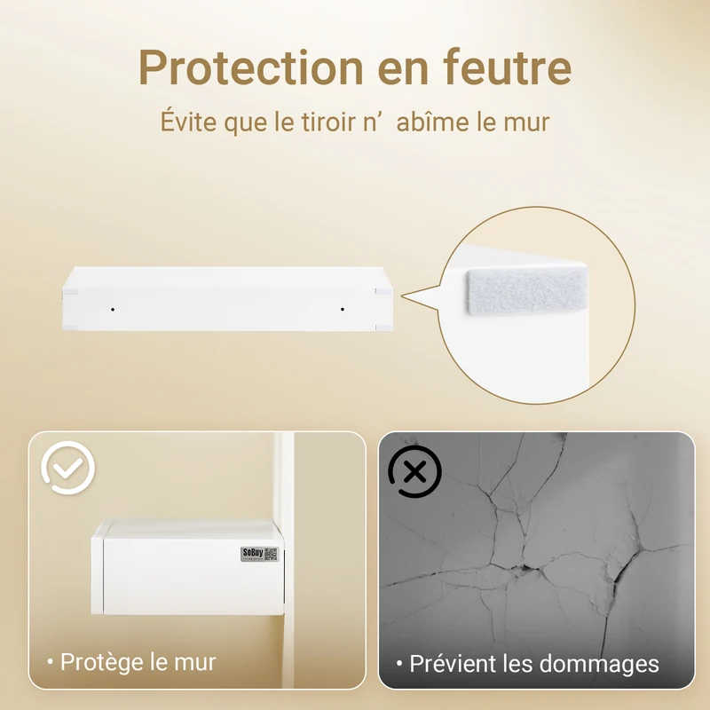 SoBuy FHK38-W Étagère Murale Flottante avec Tiroir et LED – L60 × P20 × H8 cm, Blanc