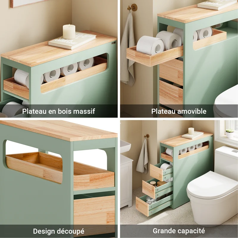 SoBuy BZR54-II-GR Meuble Salle de Bain à Roulettes, 3 Tiroirs et Niche Ouverte, Slim 23cm, Charge 40kg – 65x23x82 cm
