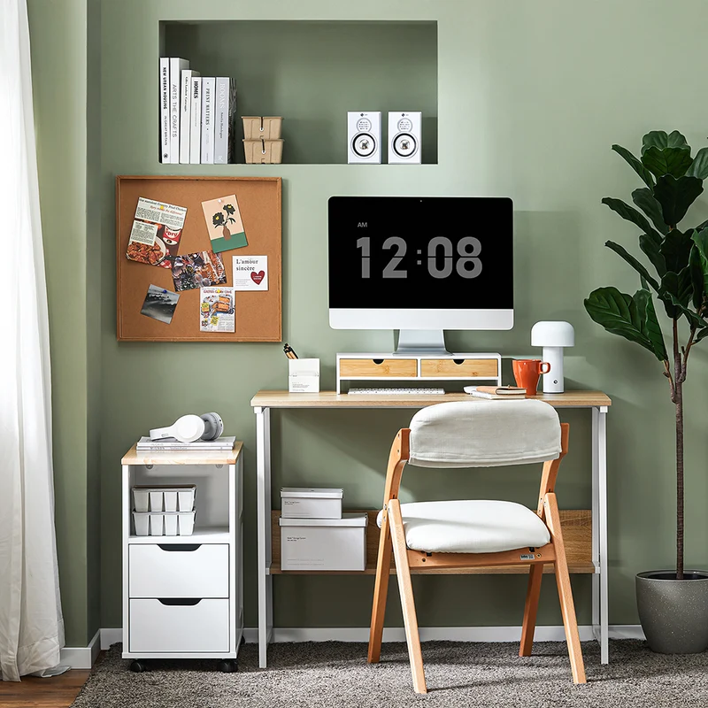 SoBuy BBF02-WN Support Écran PC avec 2 Tiroirs, Rangement Optimisé, Design Fonctionnel, Usage Quotidien, Format Pratique – L47×P18×H11 cm, Blanc et Naturel