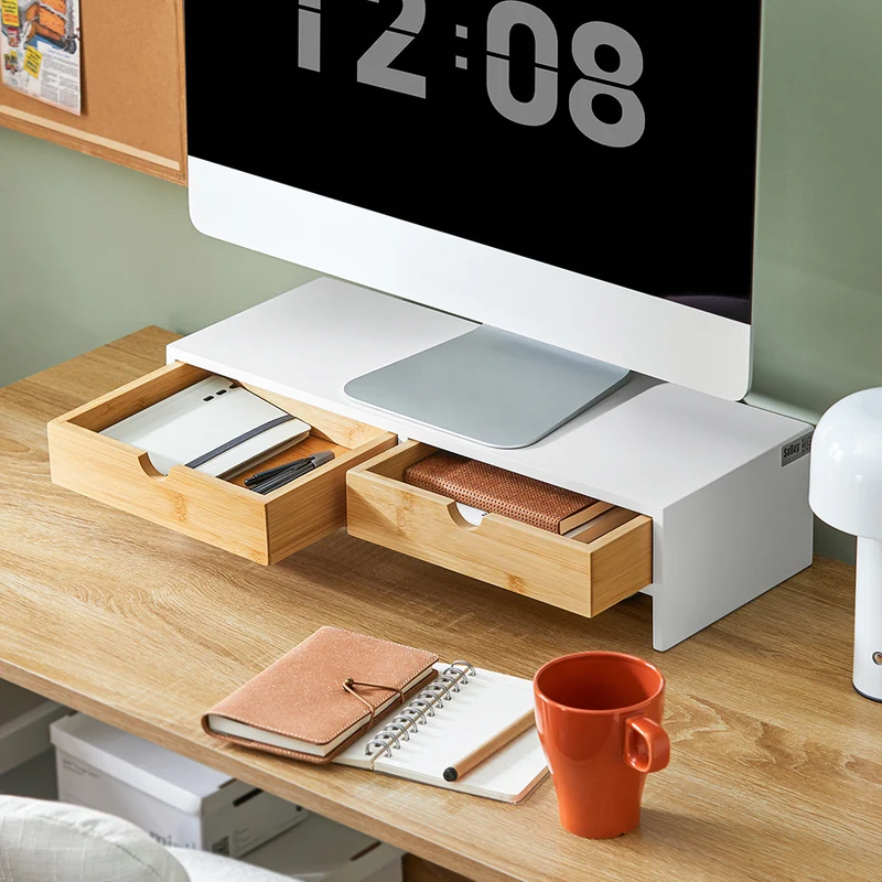 SoBuy BBF02-WN Support Écran PC avec 2 Tiroirs, Rangement Optimisé, Design Fonctionnel, Usage Quotidien, Format Pratique – L47×P18×H11 cm, Blanc et Naturel