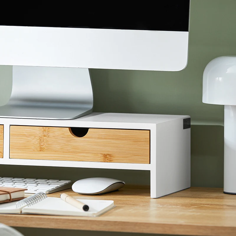 SoBuy BBF02-WN Support Écran PC avec 2 Tiroirs, Rangement Optimisé, Design Fonctionnel, Usage Quotidien, Format Pratique – L47×P18×H11 cm, Blanc et Naturel