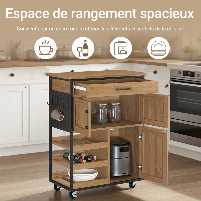 SoBuy FKW134-N Desserte de cuisine à roulettes 67 cm avec tiroir, casier à vin et crochets – Style industriel bois et métal