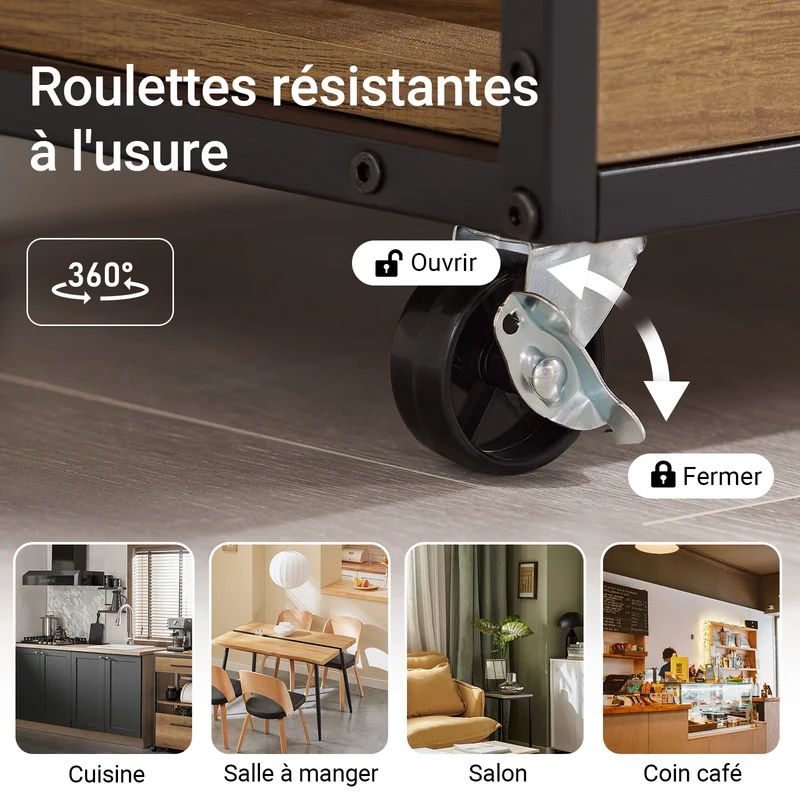 SoBuy FKW134-N Desserte de cuisine à roulettes 67 cm avec tiroir, casier à vin et crochets – Style industriel bois et métal