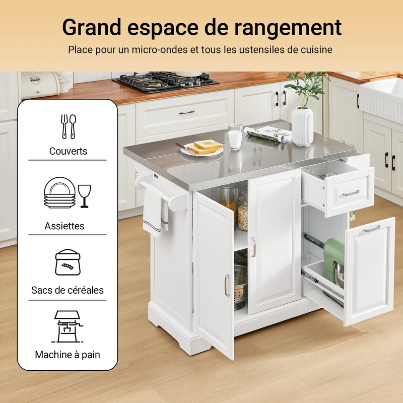 SoBuy FKW128-ST Desserte Cuisine avec Roulettes et Plan de Travail Extensible, Mobile, pour Cuisine et Salle à Manger, Pratique – L130×P46/71×H91 cm, Blanc