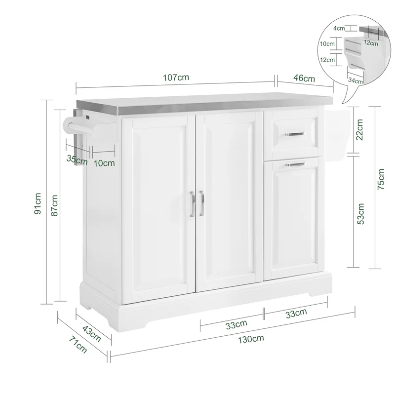 SoBuy FKW128-ST Desserte Cuisine avec Roulettes et Plan de Travail Extensible, Mobile, pour Cuisine et Salle à Manger, Pratique – L130×P46/71×H91 cm, Blanc