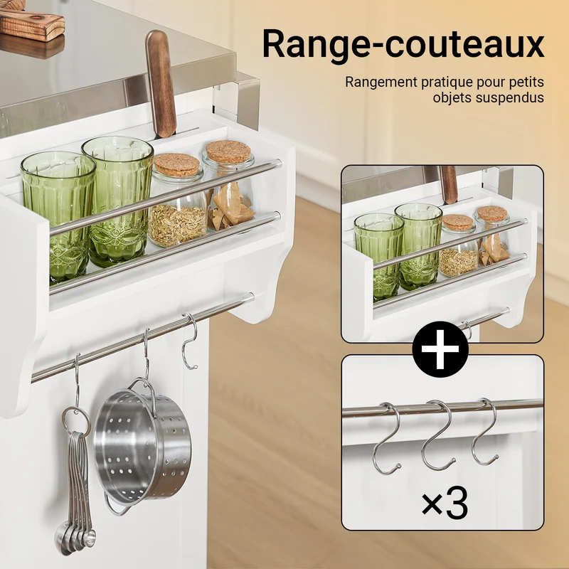 SoBuy FKW128-ST Desserte Cuisine avec Roulettes et Plan de Travail Extensible, Mobile, pour Cuisine et Salle à Manger, Pratique – L130×P46/71×H91 cm, Blanc