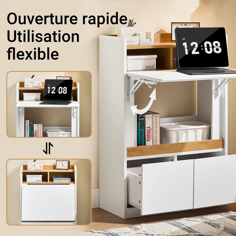 SoBuy FWT109-WN Bureau pliant gain de place 63 cm avec 2 tiroirs et étagères – Blanc et bois