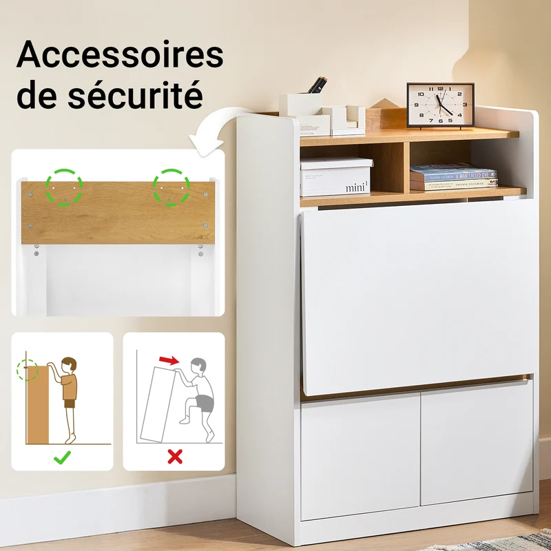 SoBuy FWT109-WN Bureau pliant gain de place 63 cm avec 2 tiroirs et étagères – Blanc et bois