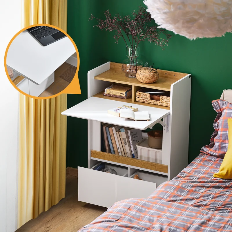 SoBuy FWT109-WN Bureau pliant gain de place 63 cm avec 2 tiroirs et étagères – Blanc et bois