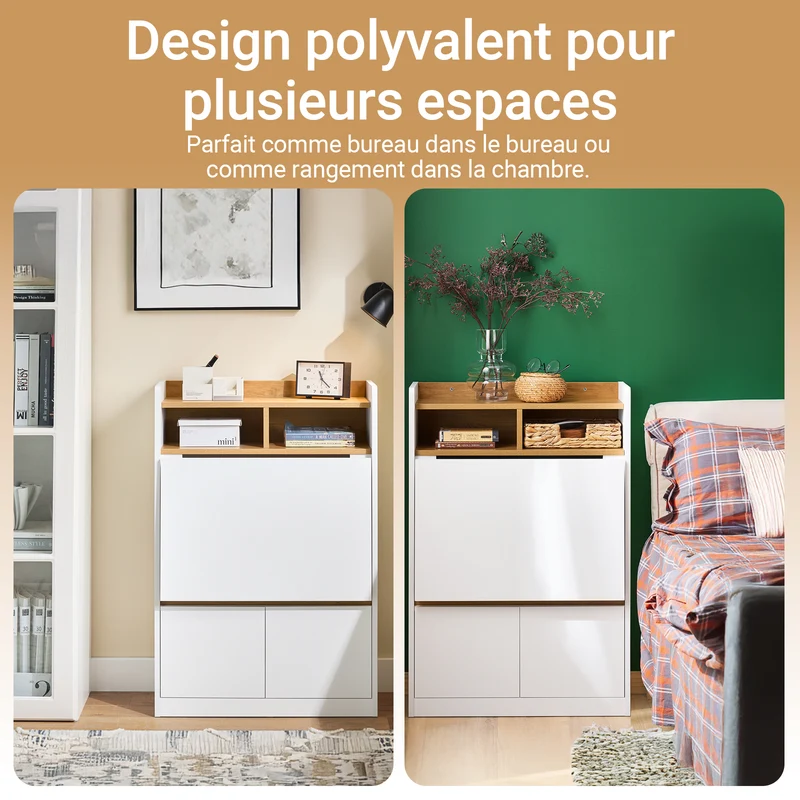 SoBuy FWT109-WN Bureau pliant gain de place 63 cm avec 2 tiroirs et étagères – Blanc et bois