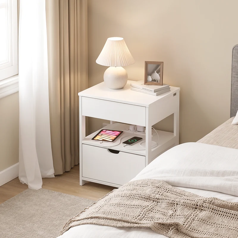 sebuyfr.comG258-II-E-W Table de Chevet avec Station de Charge 4-en-1, 2 Tiroirs et Étagère – Blanc, 45×38×55,5 cm