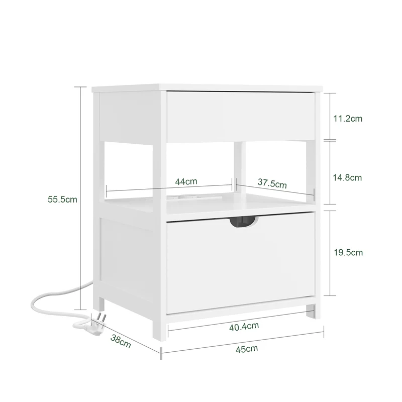 sebuyfr.comG258-II-E-W Table de Chevet avec Station de Charge 4-en-1, 2 Tiroirs et Étagère – Blanc, 45×38×55,5 cm