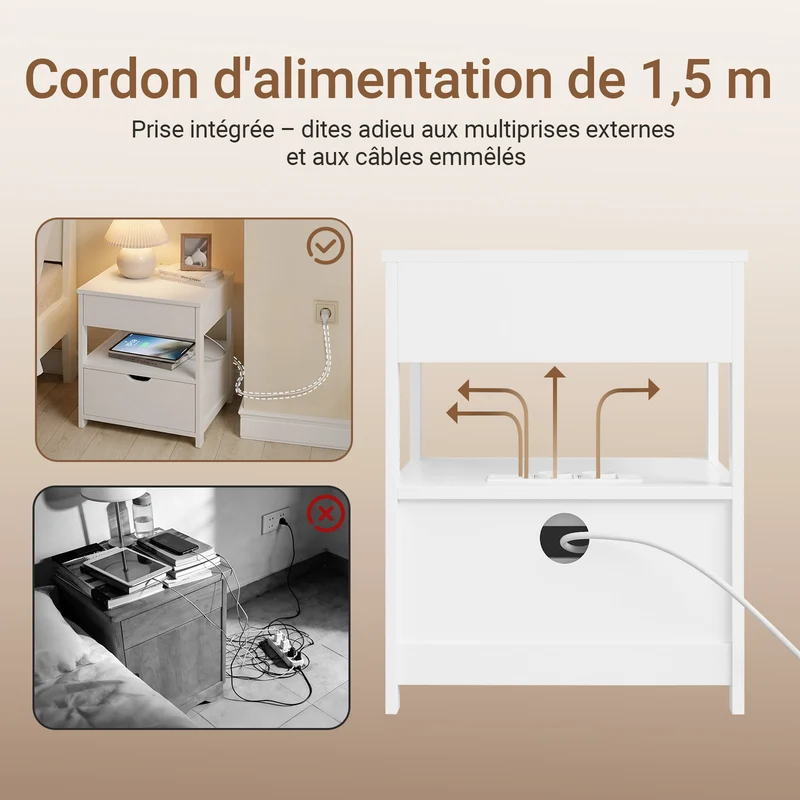 sebuyfr.comG258-II-E-W Table de Chevet avec Station de Charge 4-en-1, 2 Tiroirs et Étagère – Blanc, 45×38×55,5 cm