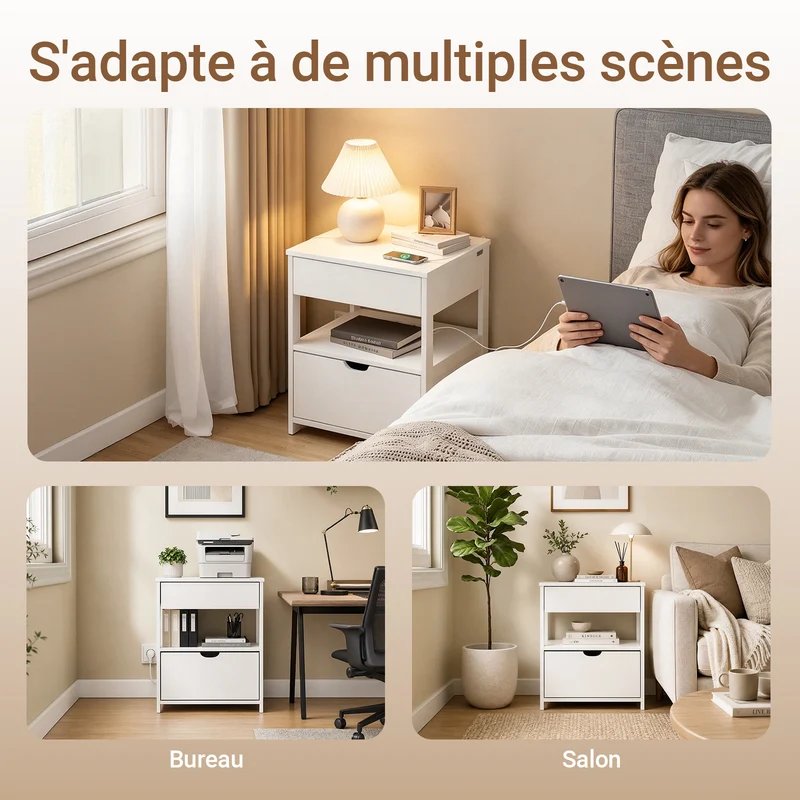 sebuyfr.comG258-II-E-W Table de Chevet avec Station de Charge 4-en-1, 2 Tiroirs et Étagère – Blanc, 45×38×55,5 cm