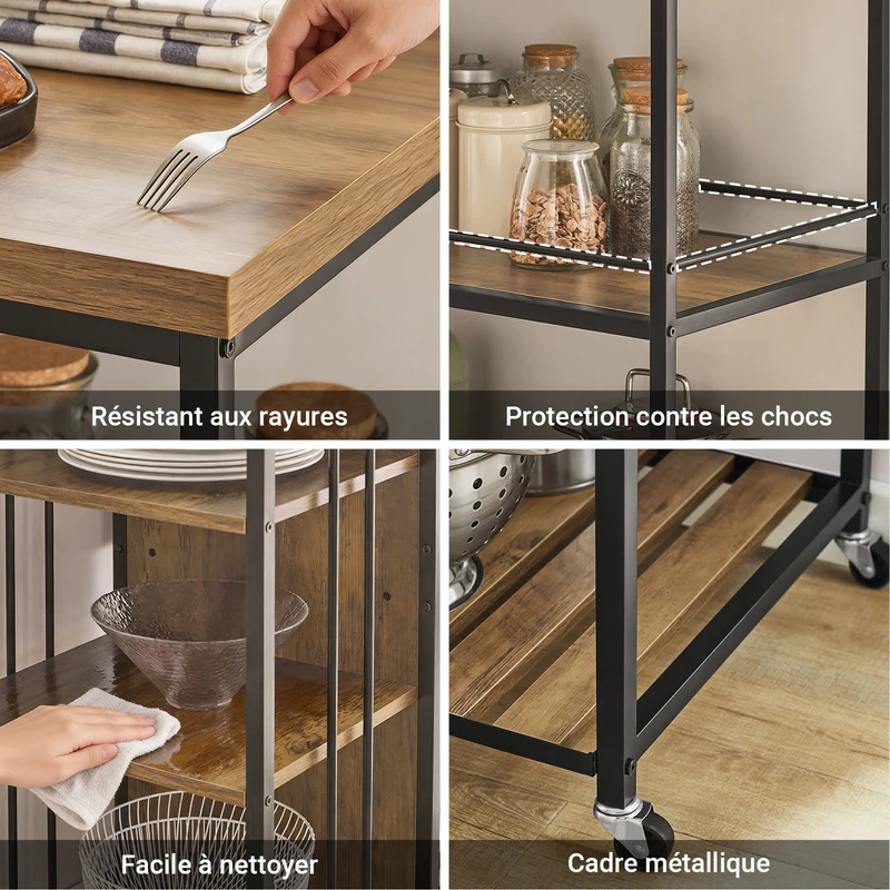 SoBuy SVW18-II-F Desserte de Cuisine à Roulettes, 3 Étagères Réglables, Barrières Anti-chute et Cadre Métallique – Style Industriel, 110×45×92 cm