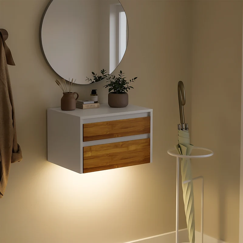 SoBuy FBT175-E-WN Table de Chevet Murale avec LED à Détection de Mouvement, 2 Tiroirs Push – Blanc/Naturel, 40×29,8×25,6 cm