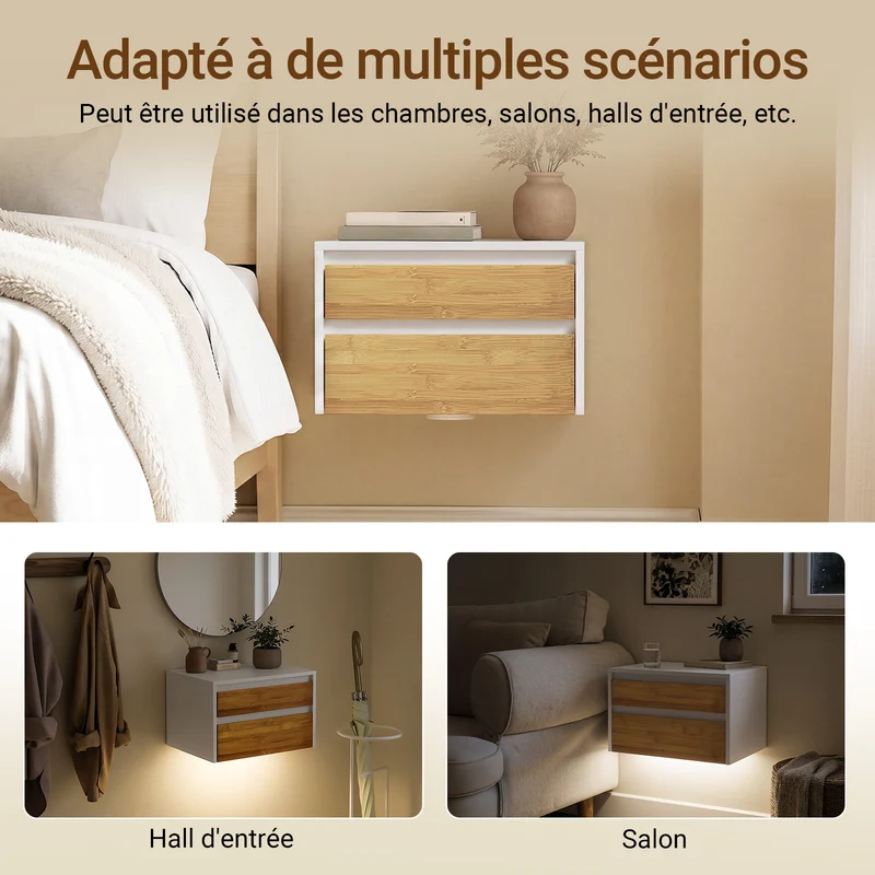 SoBuy FBT175-E-WN Table de Chevet Murale avec LED à Détection de Mouvement, 2 Tiroirs Push – Blanc/Naturel, 40×29,8×25,6 cm