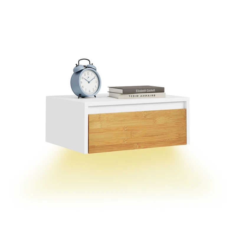 SoBuy FBT174-E-WN Table de Chevet Murale avec Lampe LED à Détection de Mouvement, 2 Tiroirs – Flottante, Blanc Naturel, 40×29,8×15,6 cm