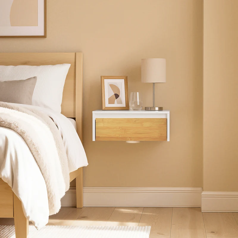 SoBuy FBT174-E-WN Table de Chevet Murale avec Lampe LED à Détection de Mouvement, 2 Tiroirs – Flottante, Blanc Naturel, 40×29,8×15,6 cm