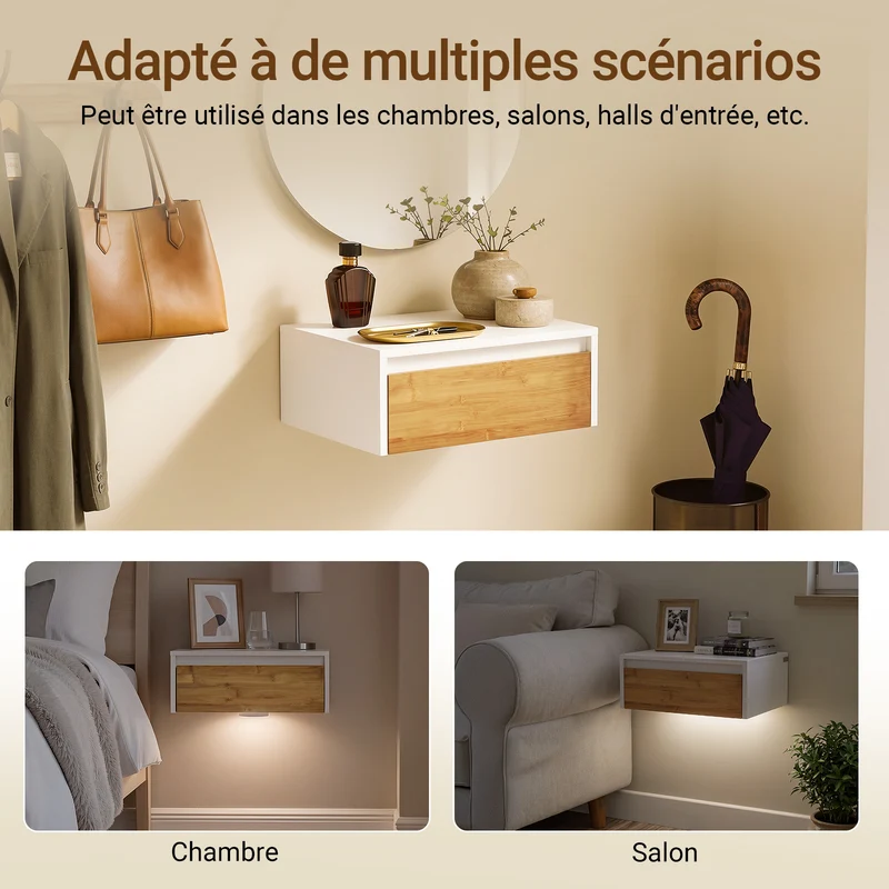 SoBuy FBT174-E-WN Table de Chevet Murale avec Lampe LED à Détection de Mouvement, 2 Tiroirs – Flottante, Blanc Naturel, 40×29,8×15,6 cm