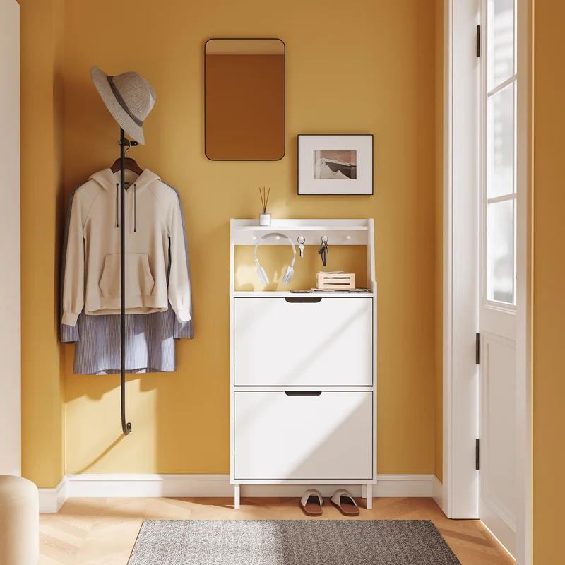 SoBuy FSR221-W Meuble à Chaussures Multifonction Étroit 19 cm, 2 Abattants 6 Paires jusqu’à EU 47, Crochets, Tablette et Socle Surélevé 10 cm – Blanc, 60×19×119 cm