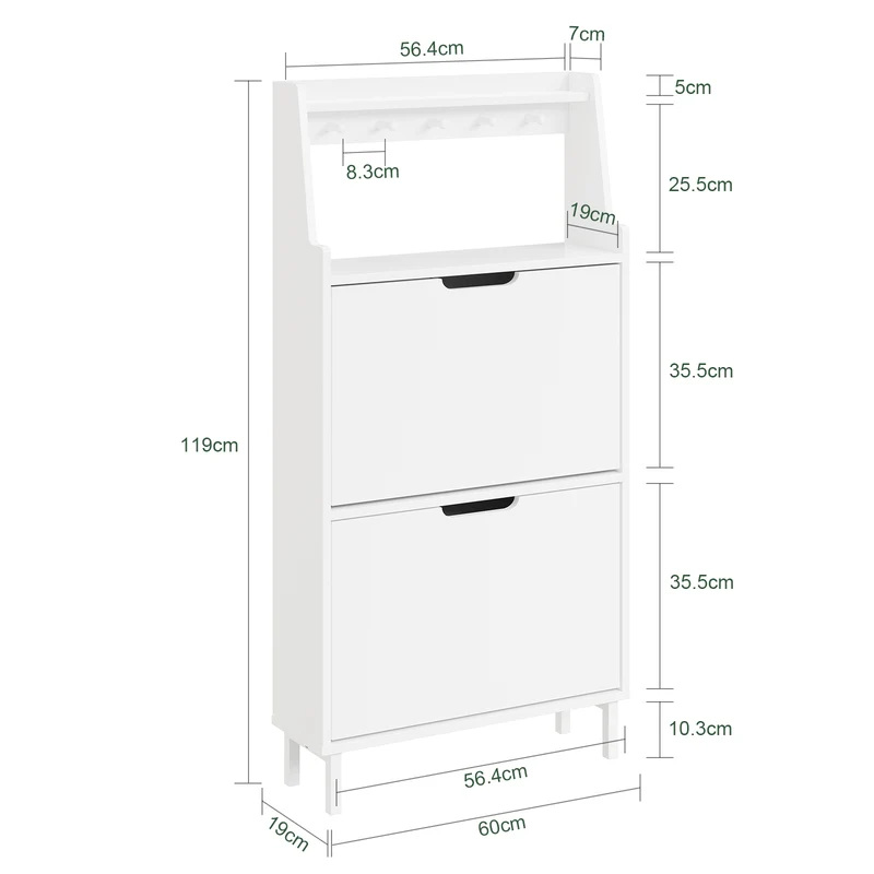 SoBuy FSR221-W Meuble à Chaussures Multifonction Étroit 19 cm, 2 Abattants 6 Paires jusqu’à EU 47, Crochets, Tablette et Socle Surélevé 10 cm – Blanc, 60×19×119 cm
