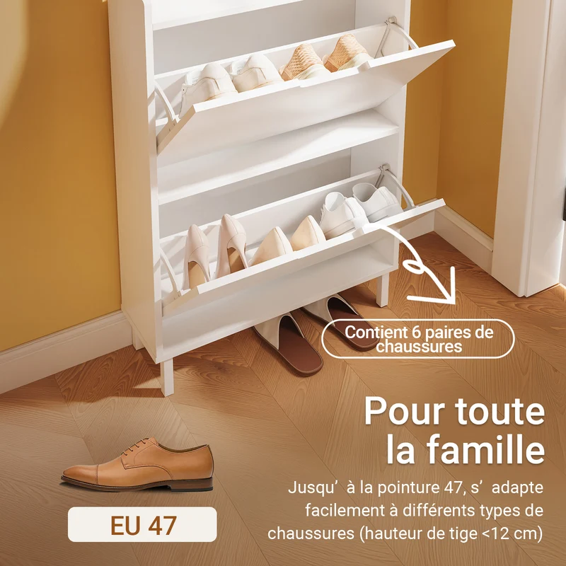 SoBuy FSR221-W Meuble à Chaussures Multifonction Étroit 19 cm, 2 Abattants 6 Paires jusqu’à EU 47, Crochets, Tablette et Socle Surélevé 10 cm – Blanc, 60×19×119 cm
