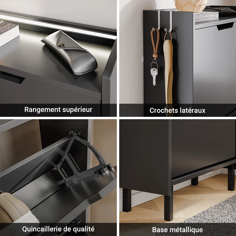SoBuy FSR151-H-E-SCH Armoire à Chaussures Ultra-Slim 19 cm – 3 Abattants, Noir Mat avec LED