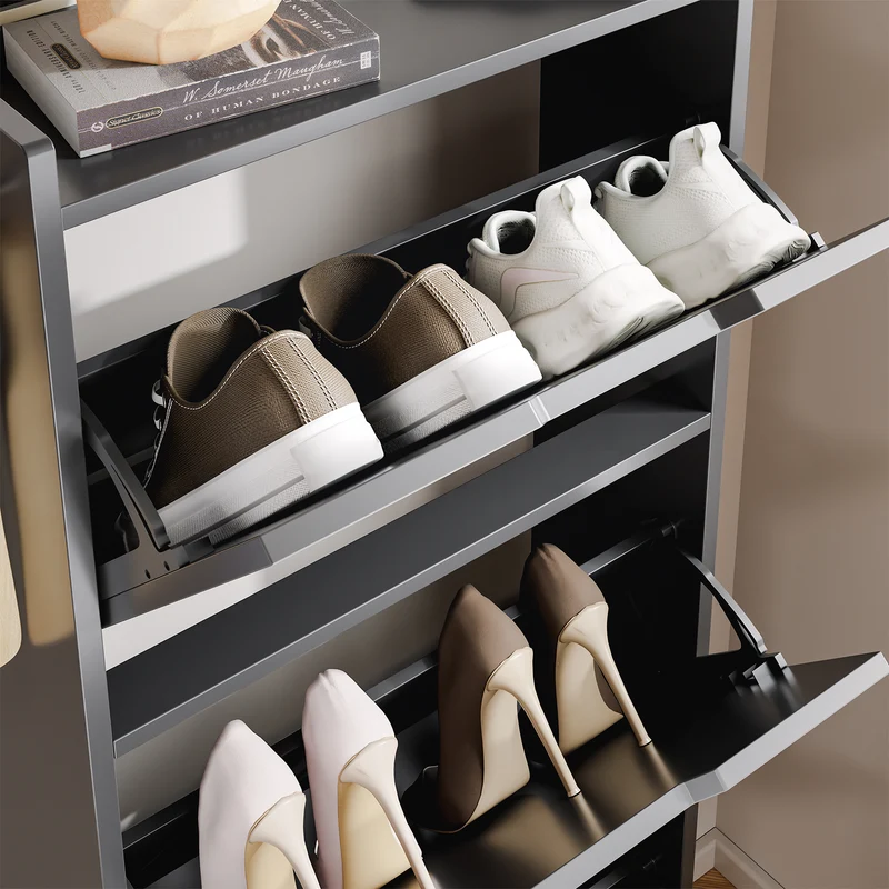 SoBuy FSR151-H-E-SCH Armoire à Chaussures Ultra-Slim 19 cm – 3 Abattants, Noir Mat avec LED